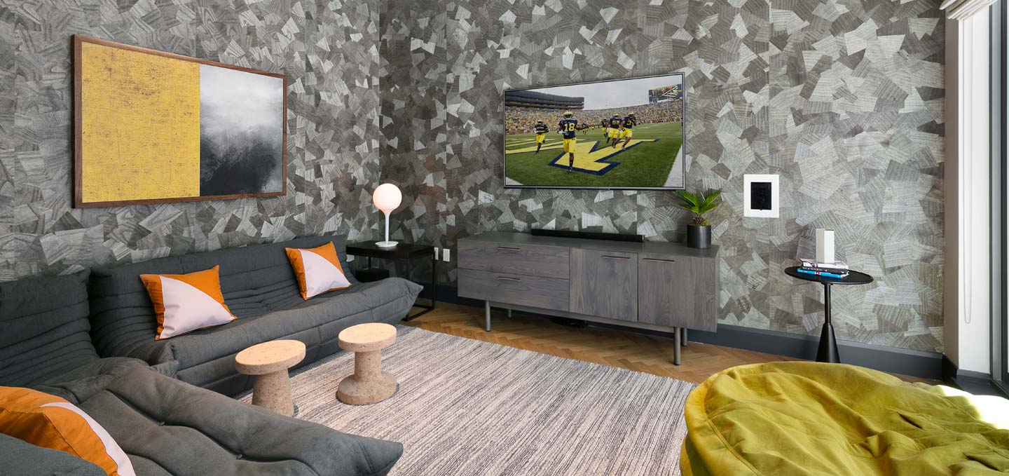 media room with PS4 and Xbox games consoles
